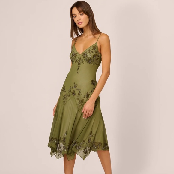 Adrianna Papell Sage Green Floral Midi Dress - Picture 1 of 6